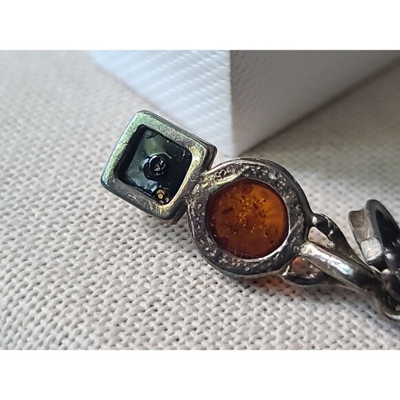 925 Sterling Silver Multicolored Amber Geometric Pendant Necklace Vintage Italy - Picture 5 of 10